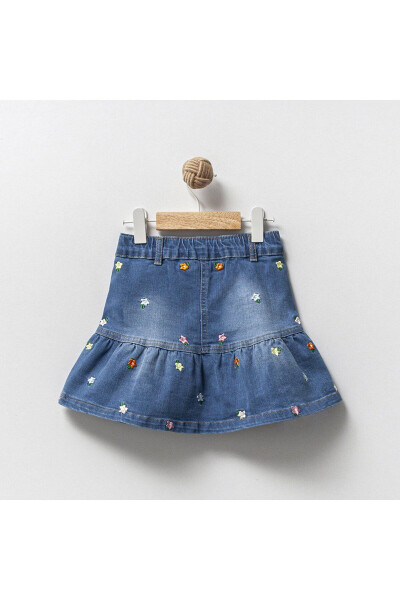 Girls' Flower Embroidered Ruffled Blue Denim Skirt - 6