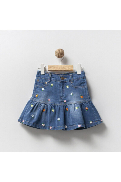 Girls' Flower Embroidered Ruffled Blue Denim Skirt - 1