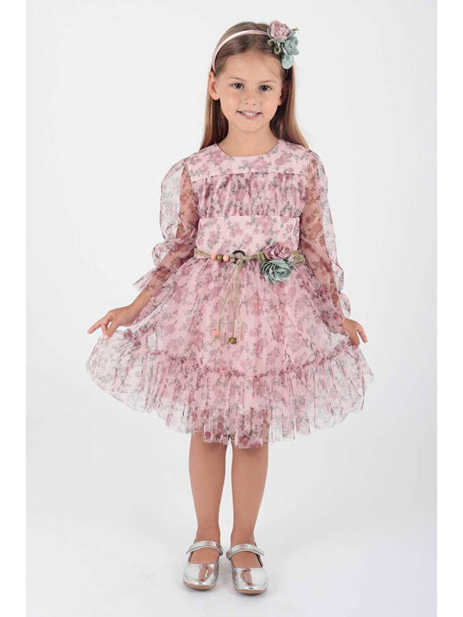 Girls' Flower Print Crowned Belted Dress Ak2202 - 1