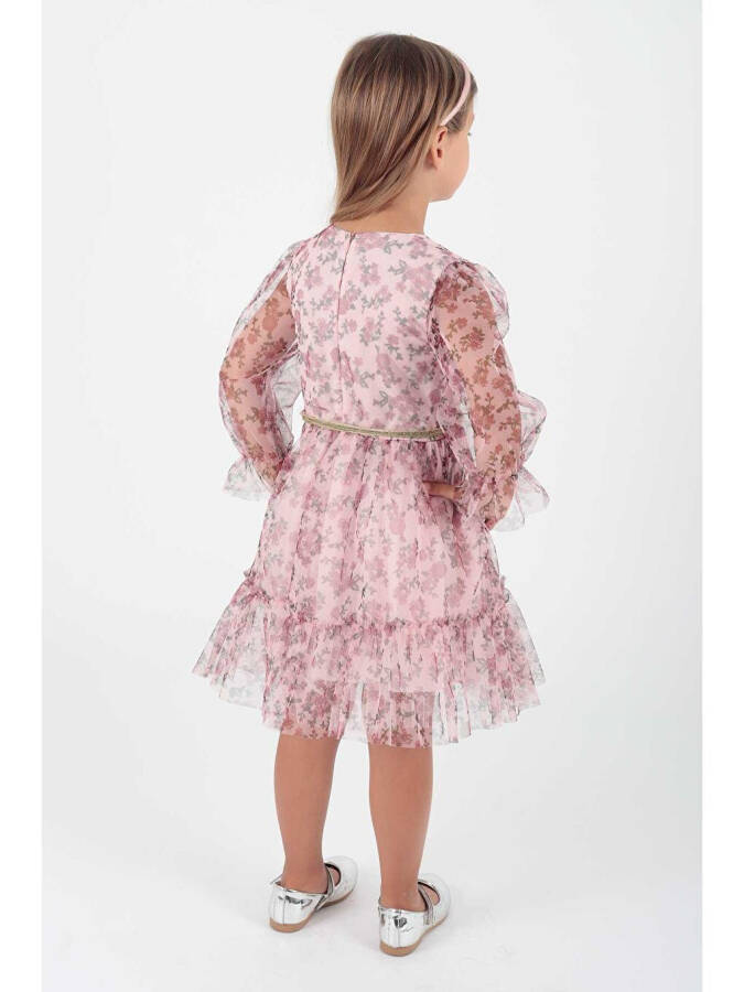 Girls' Flower Print Crowned Belted Dress Ak2202 - 5