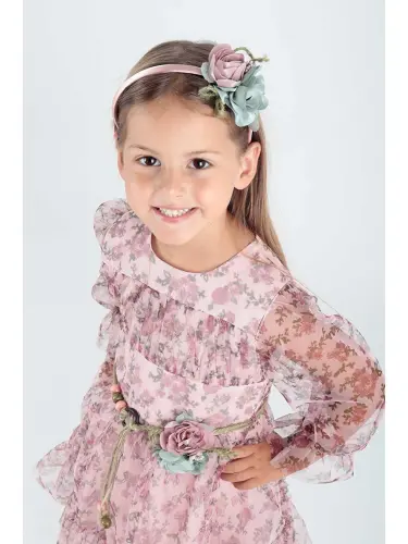 Girls' Flower Print Crowned Belted Dress Ak2202 - 1