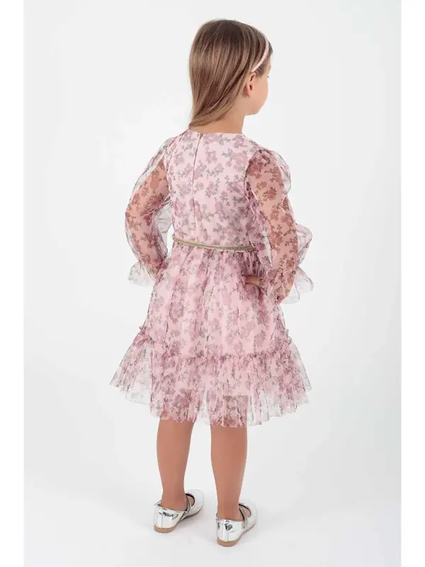 Girls' Flower Print Crowned Belted Dress Ak2202 - 2
