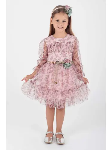 Girls' Flower Print Crowned Belted Dress Ak2202 - 3