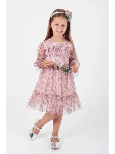Girls' Flower Print Crowned Belted Dress Ak2202 - 4
