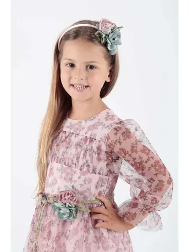 Girls' Flower Print Crowned Belted Dress Ak2202 - 5