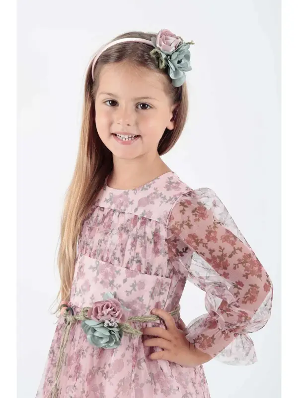 Girls' Flower Print Crowned Belted Dress Ak2202 - 5