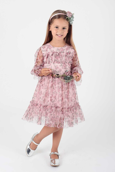 Girls' Flower Print Crowned Belted Dress Ak2202 - 7