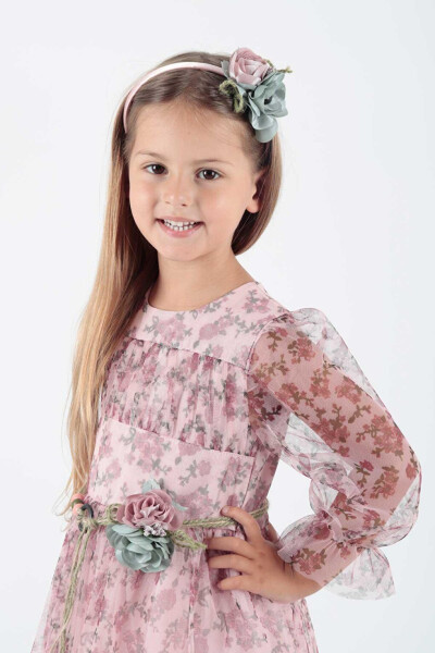 Girls' Flower Print Crowned Belted Dress Ak2202 - 8