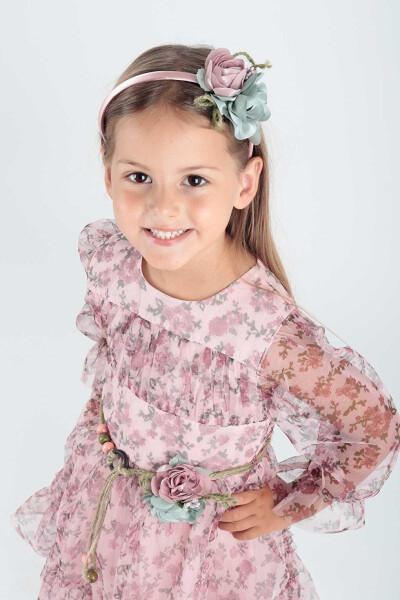 Girls' Flower Print Crowned Belted Dress Ak2202 - 9