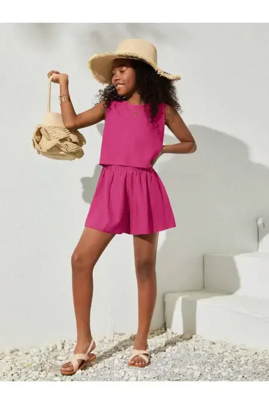 Girl's Fuchsia Seersucker Fabric Set-Fuchsia - 1