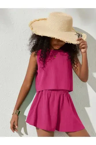 Girl's Fuchsia Seersucker Fabric Set-Fuchsia - LOUİSA (1)