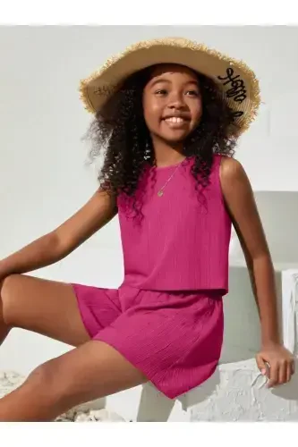 Girl's Fuchsia Seersucker Fabric Set-Fuchsia - 3