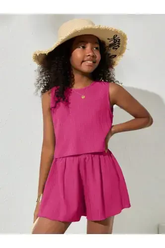 Girl's Fuchsia Seersucker Fabric Set-Fuchsia - 4