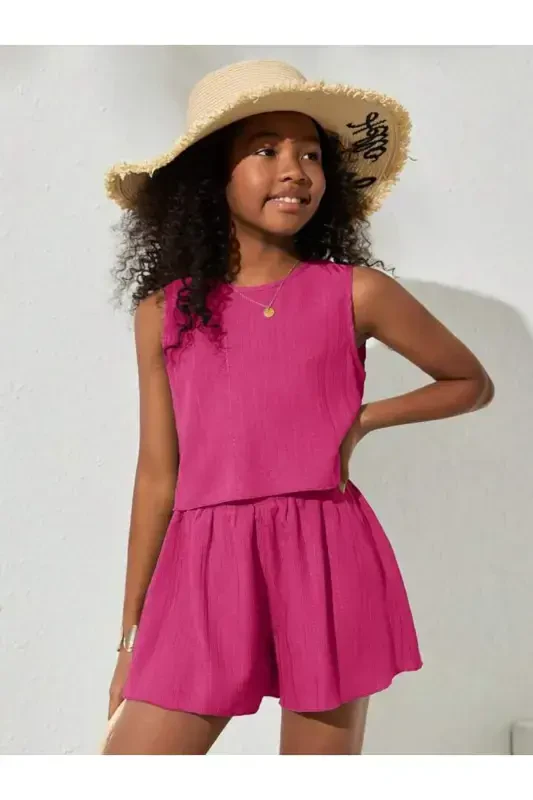 Girl's Fuchsia Seersucker Fabric Set-Fuchsia - 4