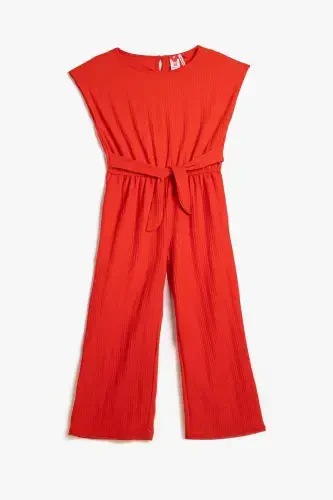 Girl's Full Length Sleeveless Round Neck Belt Detailed Jumpsuit 3skg80060ak - 1