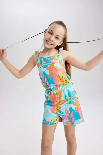 Girl's Girl Patterned Strappy Cotton Short Jumpsuit T2733a623hs-Turquoise - 1