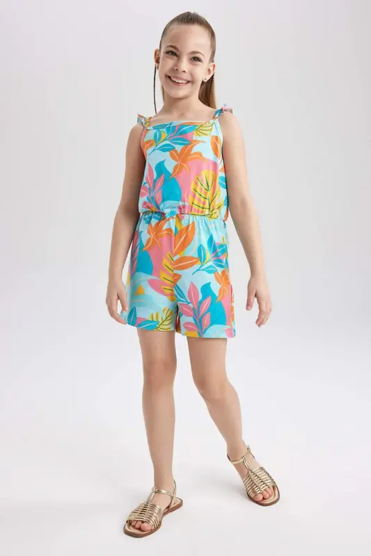 Girl's Girl Patterned Strappy Cotton Short Jumpsuit T2733a623hs-Turquoise - 2