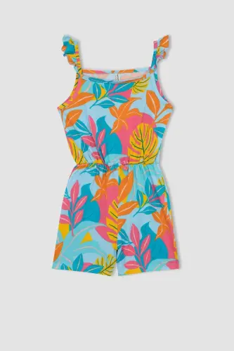 Girl's Girl Patterned Strappy Cotton Short Jumpsuit T2733a623hs-Turquoise - 6