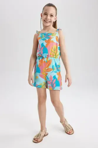 Girl's Girl Patterned Strappy Cotton Short Jumpsuit T2733a623hs-Turquoise - DEFACTO (1)