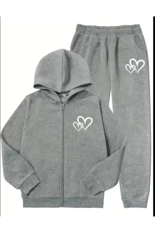 Girl's Gray Hooded Double Heart Print Brushed Zippered Cardigan-Sweatpants Set-+GRAYYYYYYY - MORNİNG KİDS