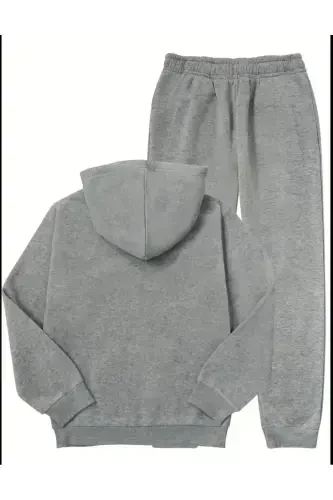 Girl's Gray Hooded Double Heart Print Brushed Zippered Cardigan-Sweatpants Set-+GRAYYYYYYY - MORNİNG KİDS (1)