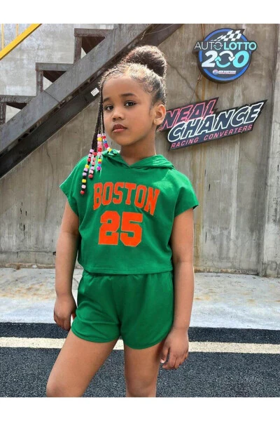 Girls Green Hooded Boston25 Printed Shorts-T-shirt Set - LOUİSA