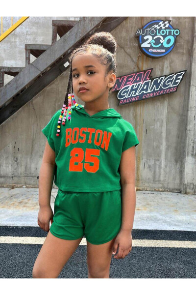 Girls Green Hooded Boston25 Printed Shorts-T-shirt Set 