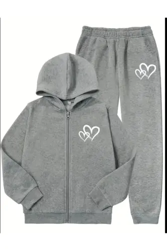 Girls Grey Hooded Double Heart Printed Brushed Zippered Cardigan-Sweatpants Set - +GREYYYYY - 1