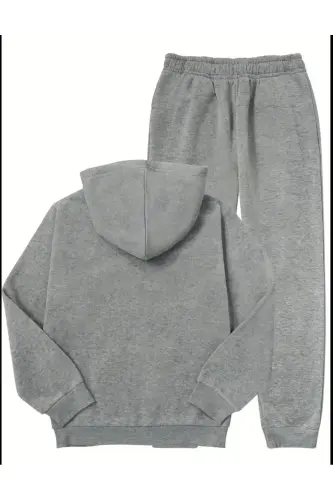 Girls Grey Hooded Double Heart Printed Brushed Zippered Cardigan-Sweatpants Set - +GREYYYYY - MORNİNG KİDS (1)