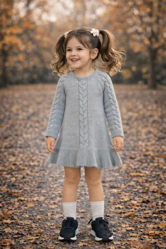 Girl's Grey Long Sleeve Knit Dress-grey 