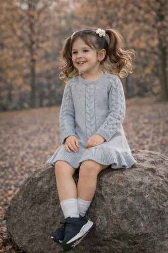 Girl's Grey Long Sleeve Knit Dress-grey - 3