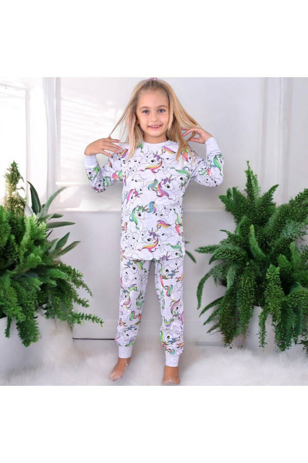 Girls' Grey Melange Basic Pajama Set with Multicolored Cute Legendary Horse Design - 5