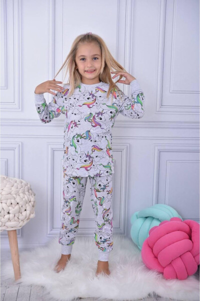 Girls' Grey Melange Basic Pajama Set with Multicolored Cute Legendary Horse Design - 6