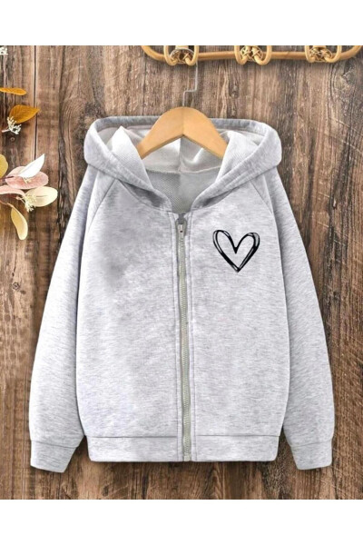 Girls' Grey Minimal Heart Printed Zipper Hoodie - 1