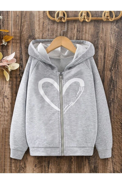 Girls' Grey Zippered Hoodie with Heart Print - 1