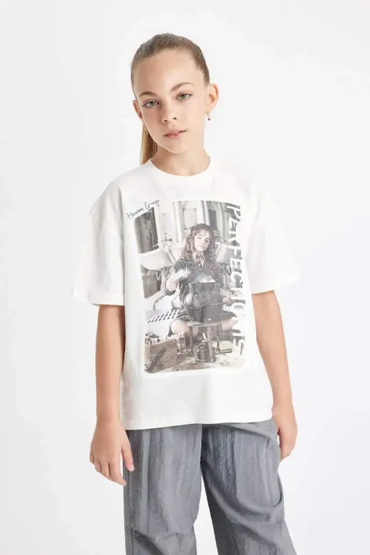 Girl's Harry Potter Oversize Wide Fit Crew Neck Short Sleeve T-Shirt-Ecru - DEFACTO