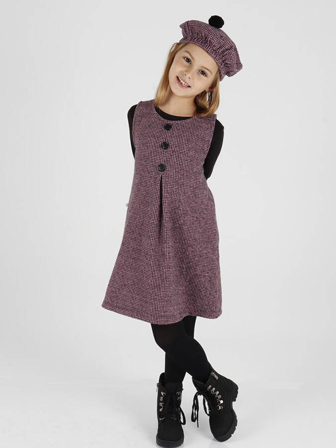 Girls Hat and Dress 3 Piece Set Button Detailed Ak2403 - 8