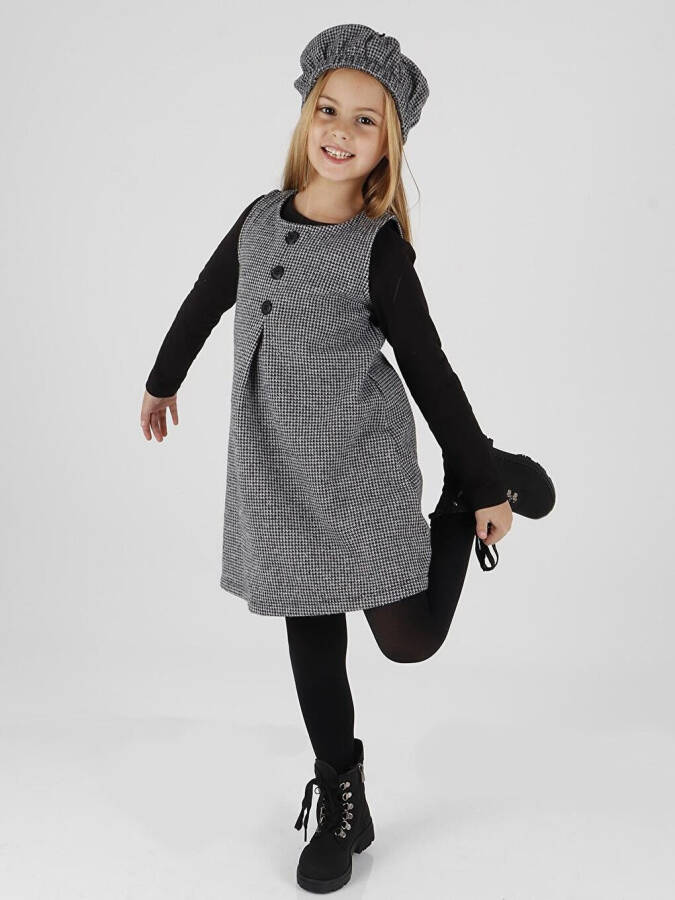 Girls' Hat and Dress 3 Piece Set with Button Details Ak2403 - 2