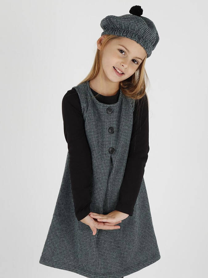 Girls Hat Dress with Bodice 3 Piece Set Button Detailed Ak2403 - 5