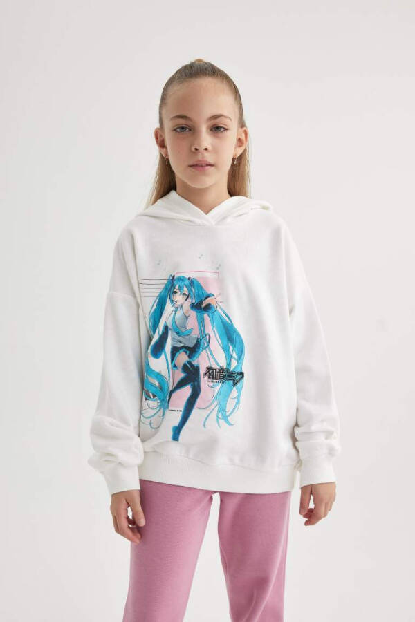 Girls Hatsune Miku Oversized Loose Hooded Sweatshirt Ecru - 1