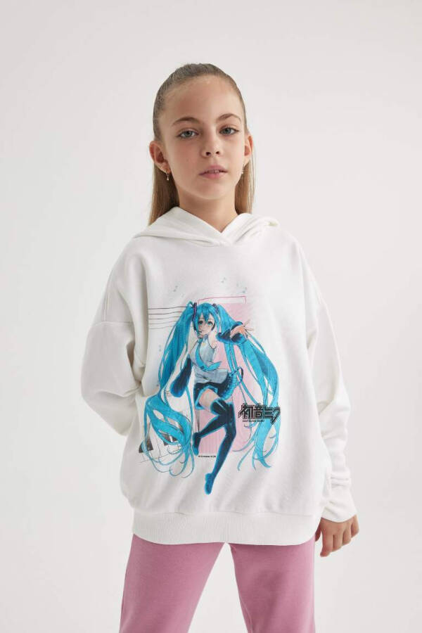 Girls Hatsune Miku Oversized Loose Hooded Sweatshirt Ecru - 3