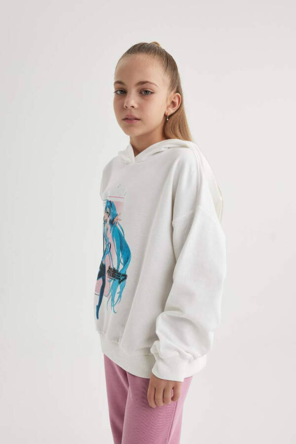 Girls Hatsune Miku Oversized Loose Hooded Sweatshirt Ecru - 4