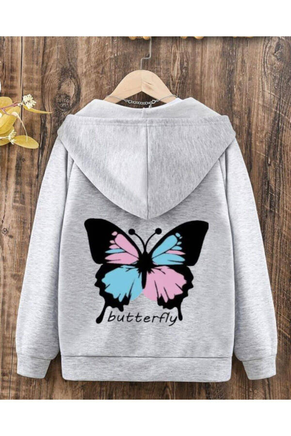 Girls' Hooded Butterfly Print Grey Zippered Cardigan - 1