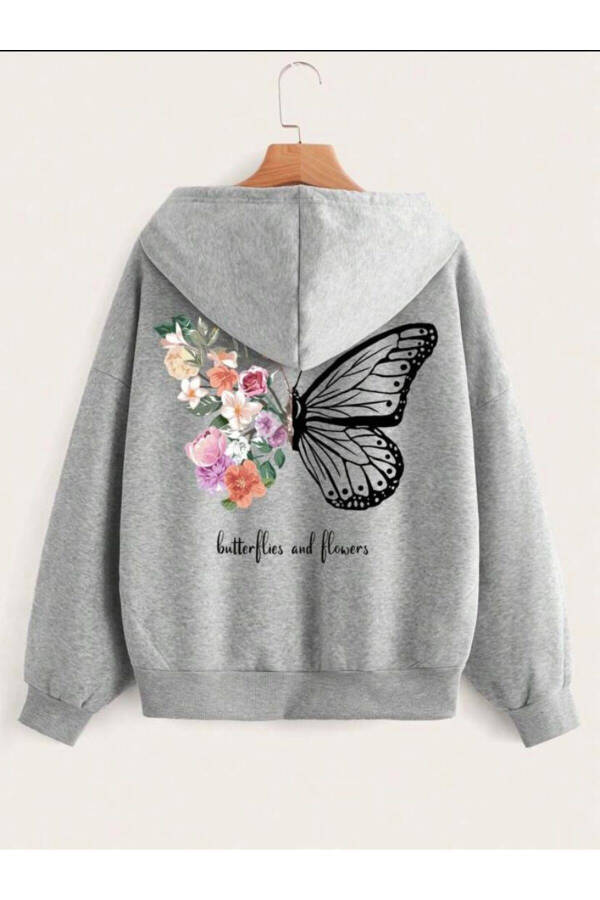 Girls' Hooded Colorful Flower Butterfly Print GREY Zippered Cardigan - 1