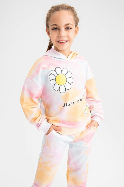 Girl's Hooded Flower Patterned Thick Sweatshirt Pink - 4