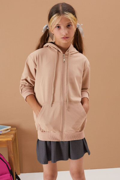 Girls' Hooded Zip-Up Beige School Jacket 16193 - 8