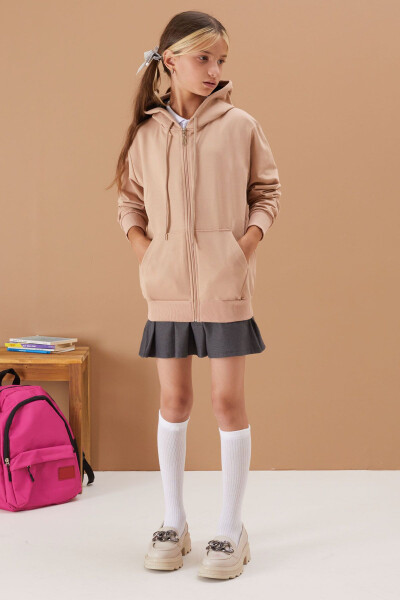 Girls' Hooded Zip-Up Beige School Jacket 16193 - 1