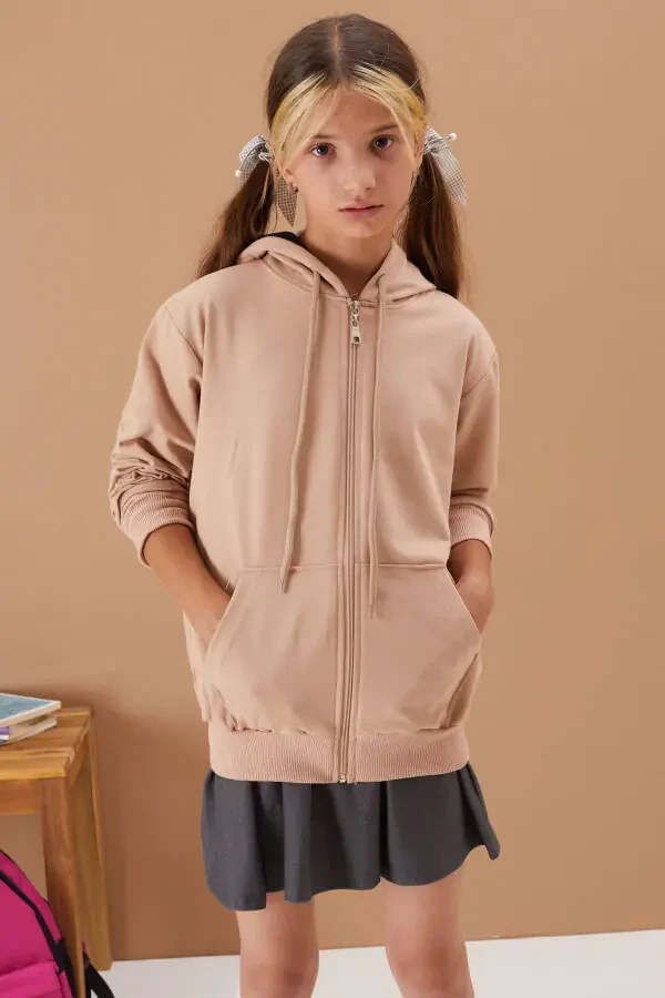 Girls' Hooded Zip-Up Beige School Jacket 16193 - 3