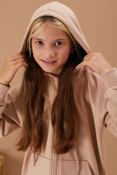 Girls' Hooded Zip-Up Beige School Jacket 16193 - 5