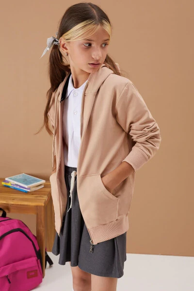 Girls' Hooded Zip-Up Beige School Jacket 16193 - 7